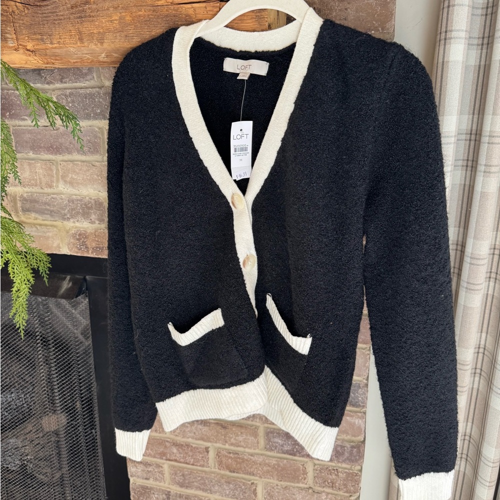 LOFT Women's Black Cardigan with White Trim